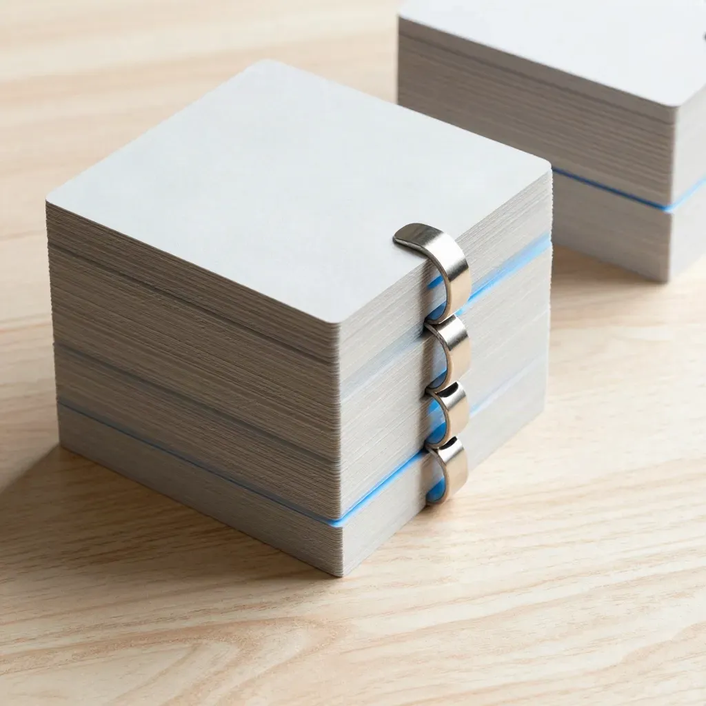 Overhead flatlay of ad-copy test card stacks, metal ring, and translucent separators on pale wood.
