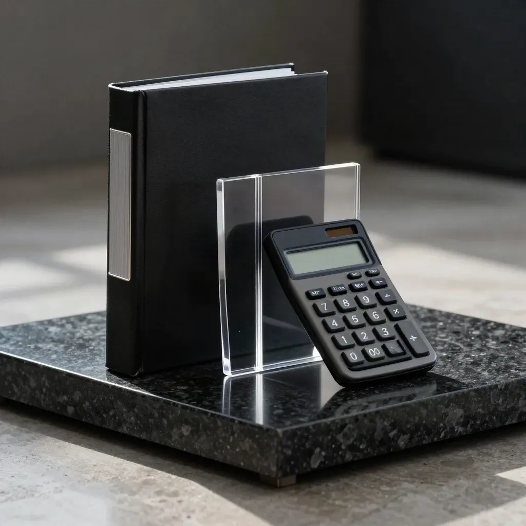 Dark premium ROAS report bundle with binder spine, divider and calculator blocks on black stone.