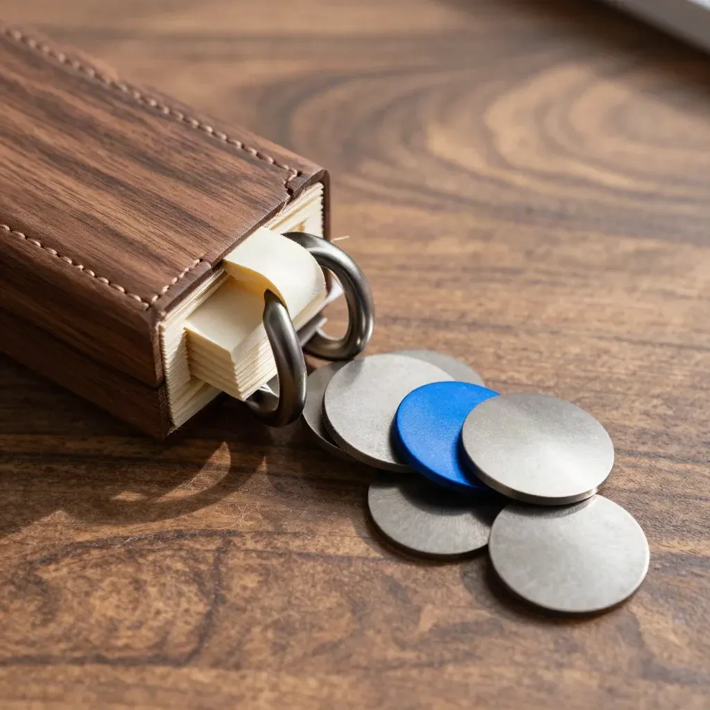 Macro flat lay of an affiliate growth kit with rings, paper bands and a blue accent piece.