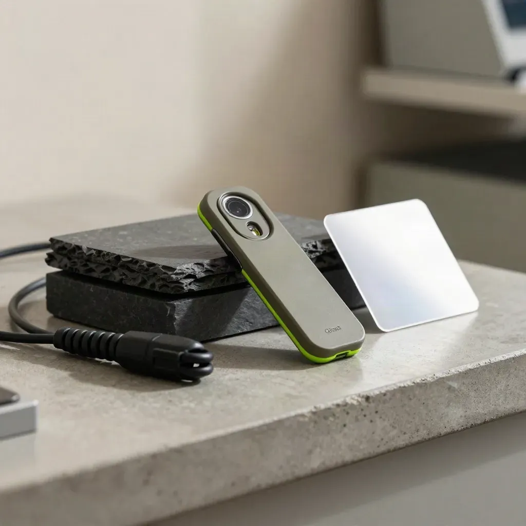 Tracking QA kit with sensor module, coiled cable, and slate blocks on a concrete bench.