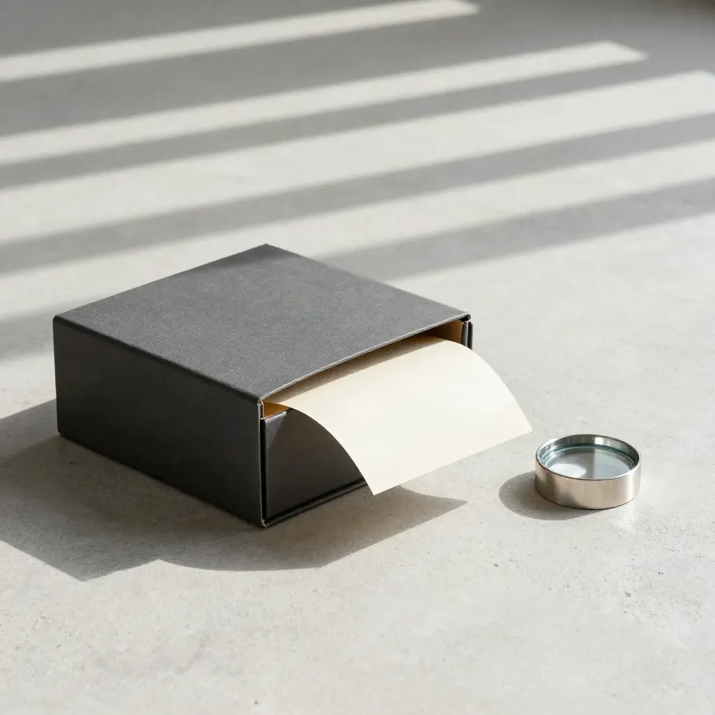 Startup PPC retainer box, paper wrap, and spacer on concrete with mist and long shadows.