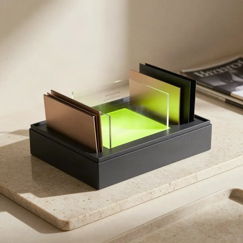 Opened revenue sprint box with modular inserts and a neon green glow on travertine.