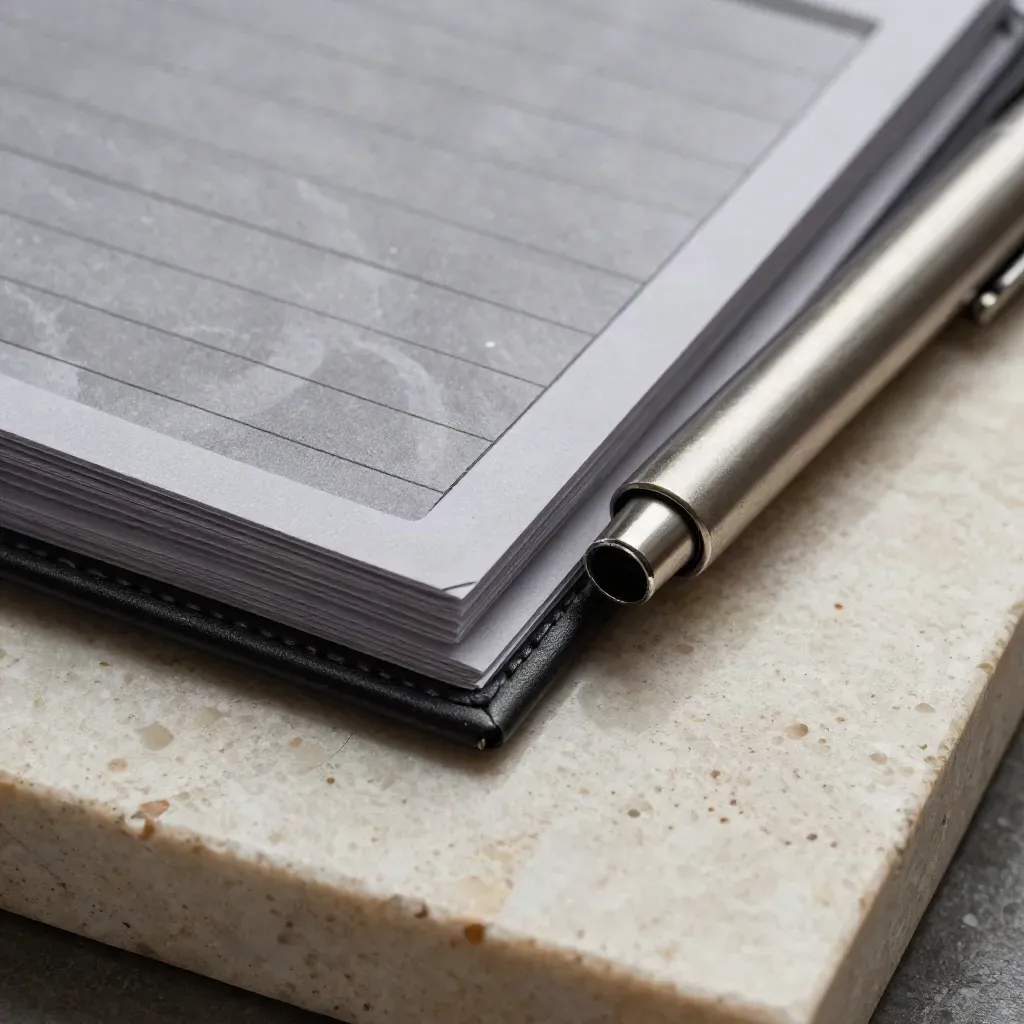 Half-open audit folio with tabs, checklist cards, and aluminum marker on travertine stone.