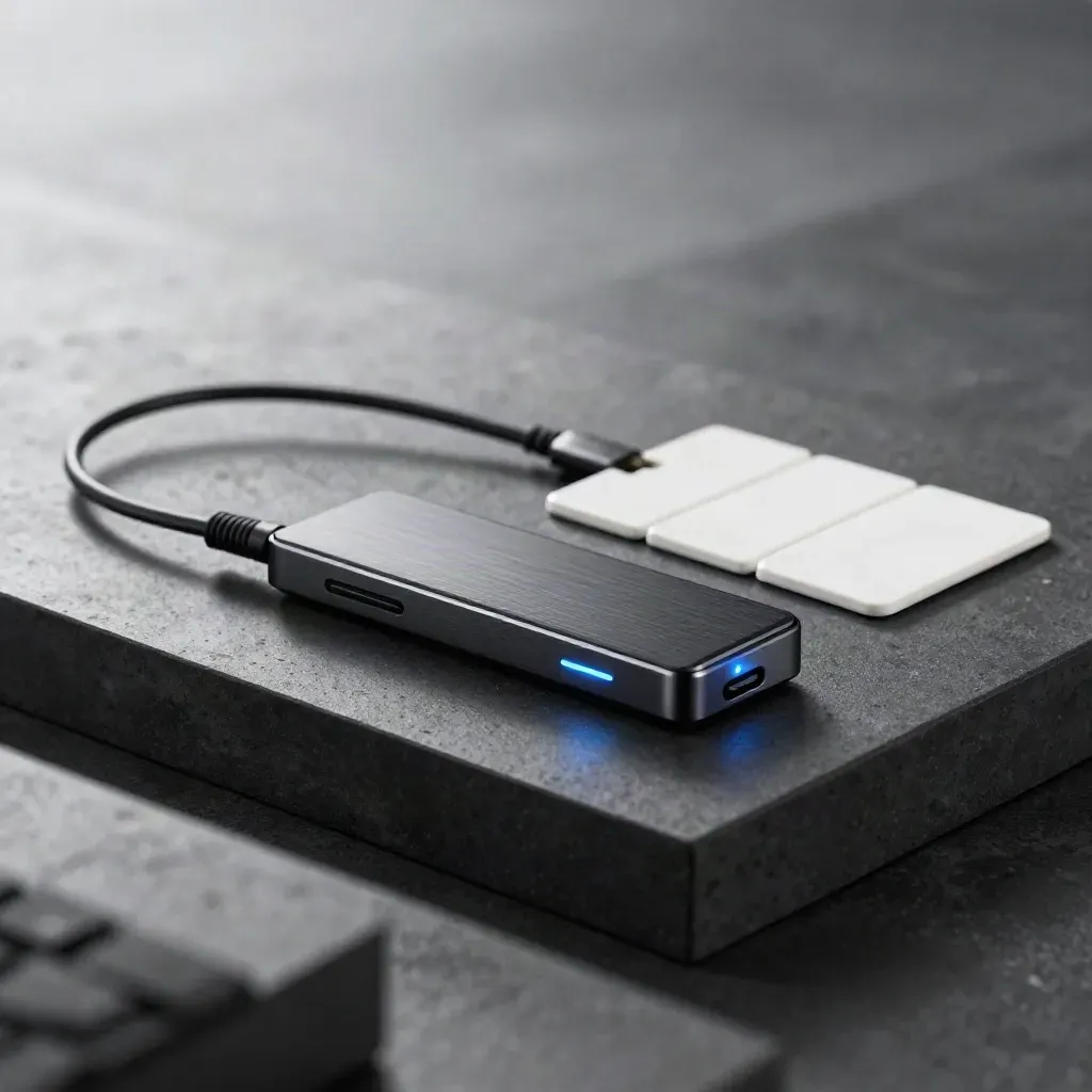 Dark product shot of a sync device with ceramic cards and a coiled cable on matte black.