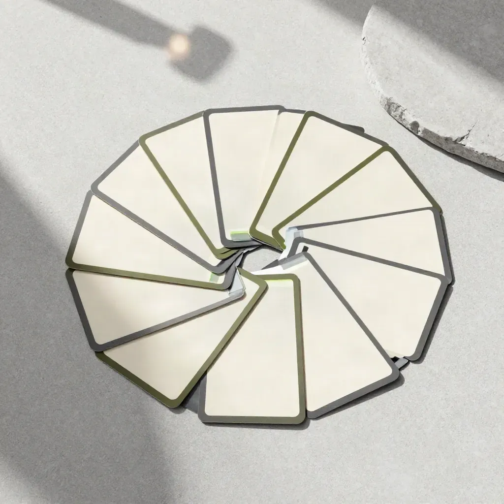 Eight fan-arranged sample cards with a translucent calibration sheet on pale concrete.