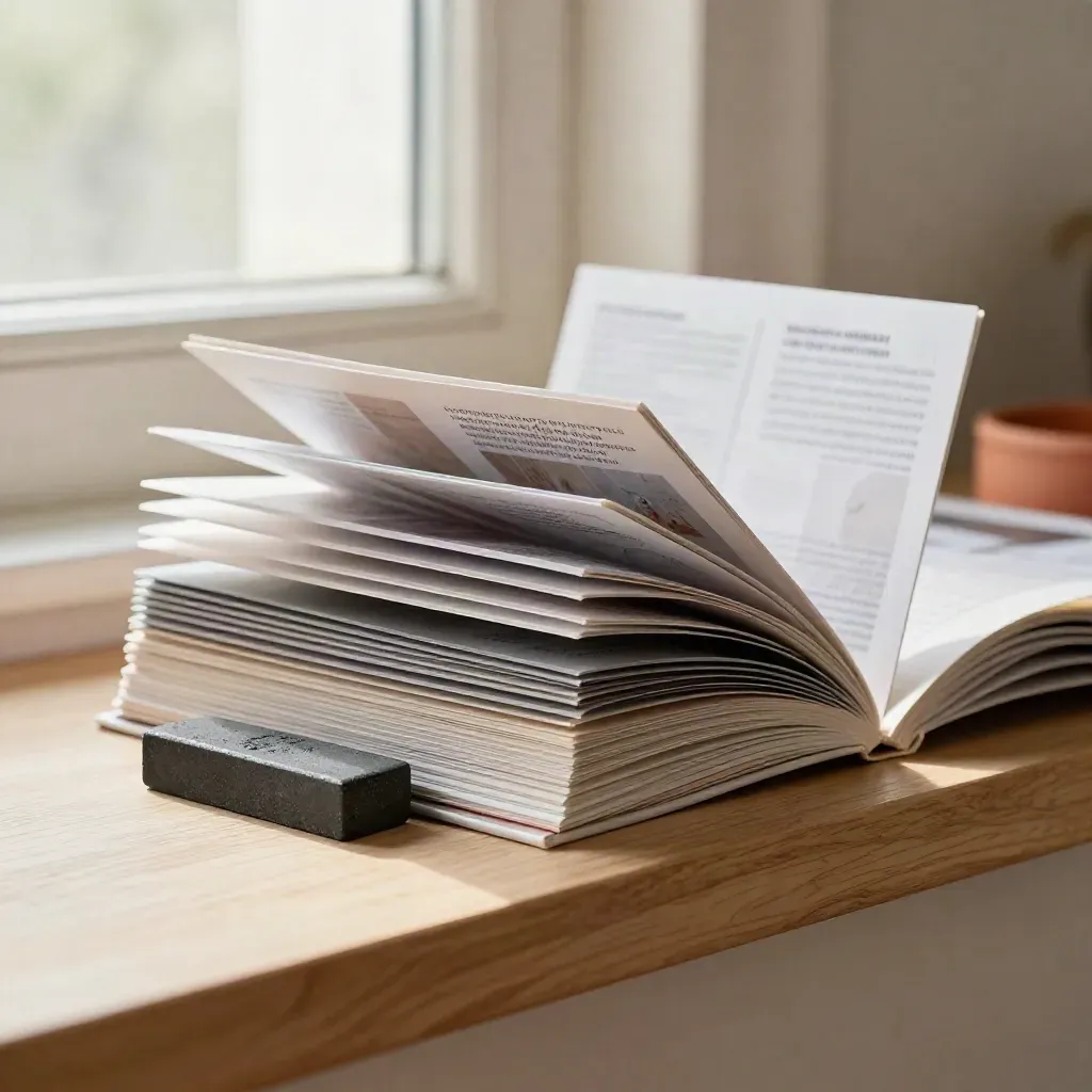 Transparent checkout folio and graphite block on a pale wood ledge in soft daylight.