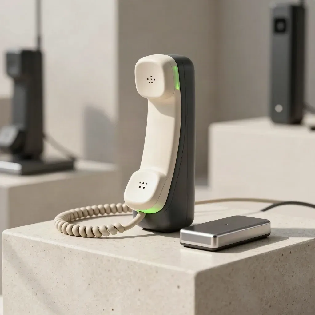 Call-tracking setup module with braided cable and signal tokens on travertine