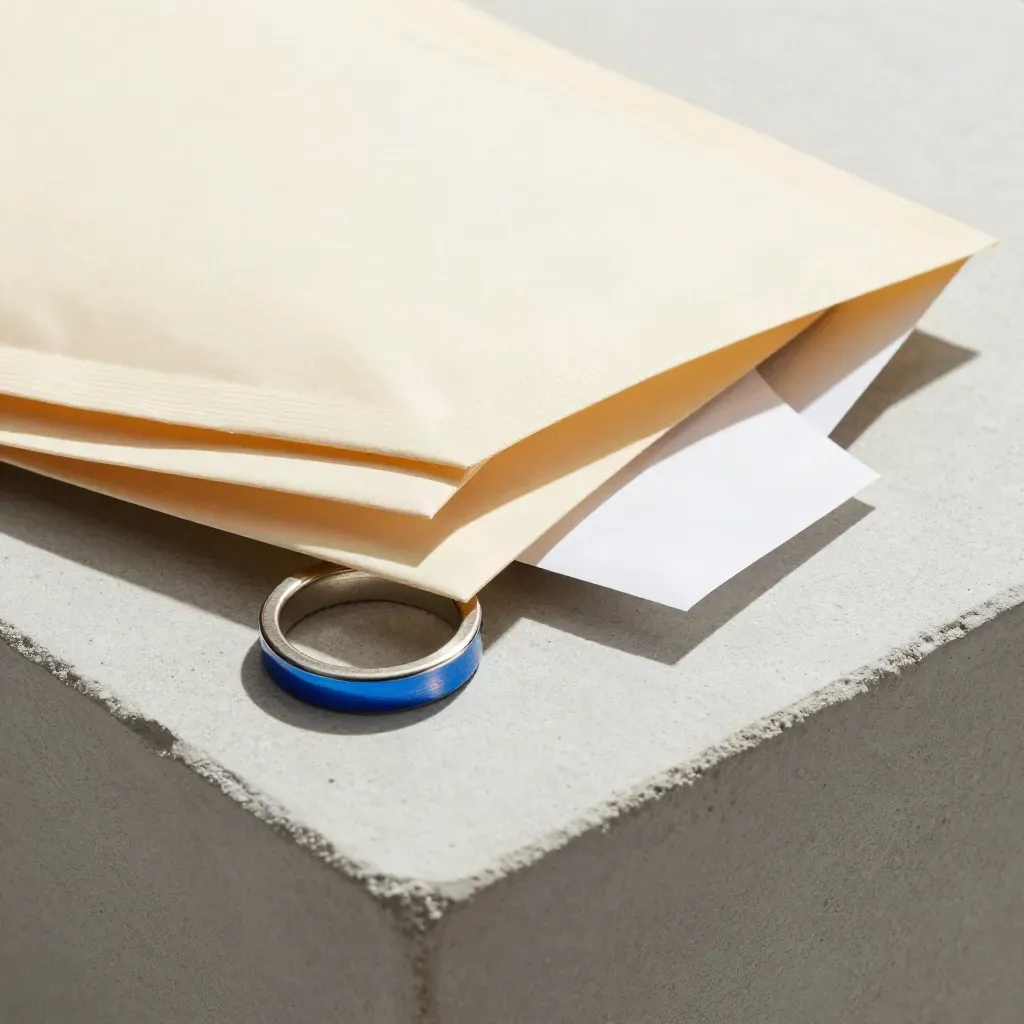 Linked envelopes, metal rings, and insert bundle on pale concrete with a blue accent