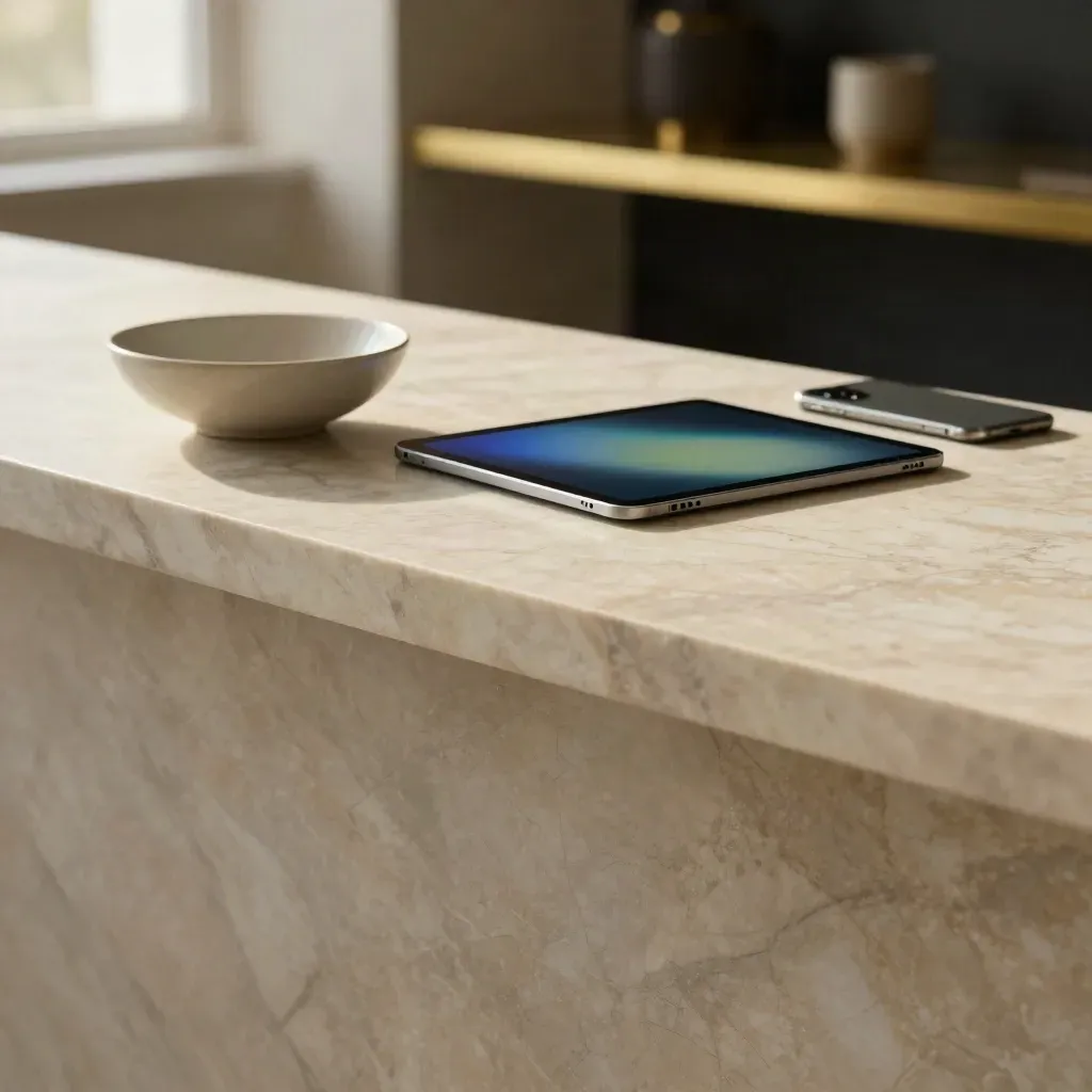 Marble counter with bowl, phone, tablet glow, and brass shelf edge in warm light