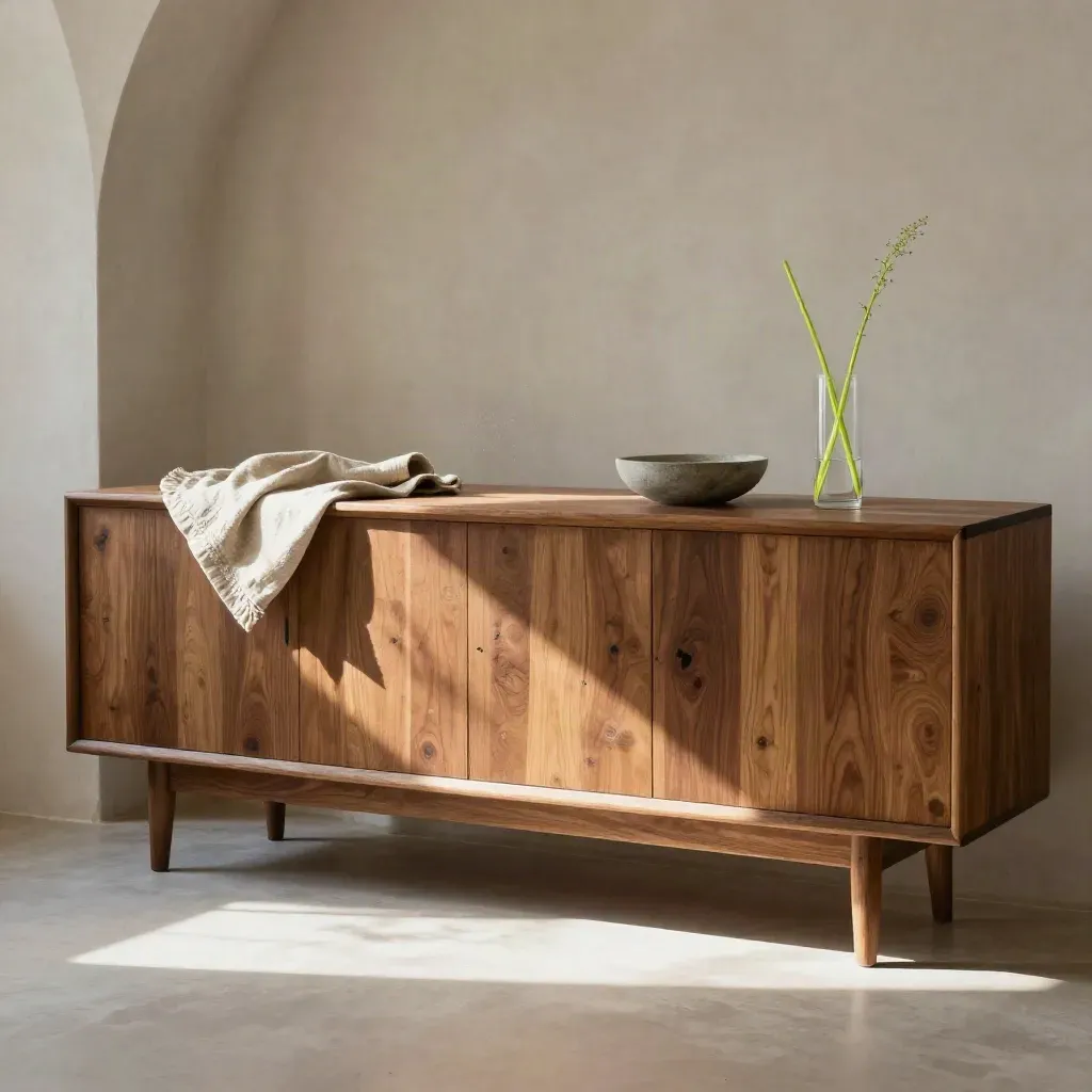 Walnut sideboard in a plaster arch room with folded textile and sunlit neutral copy space.