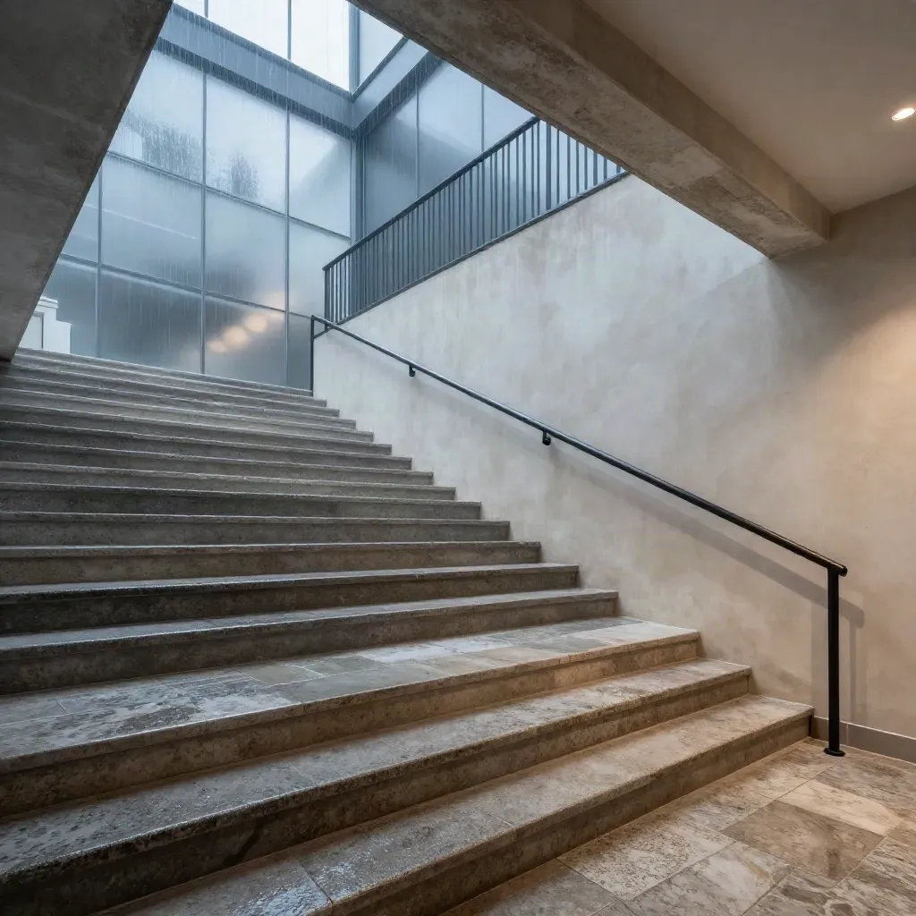Stone stair landing in blue-hour mist with clerestory light and calm plaster space for copy