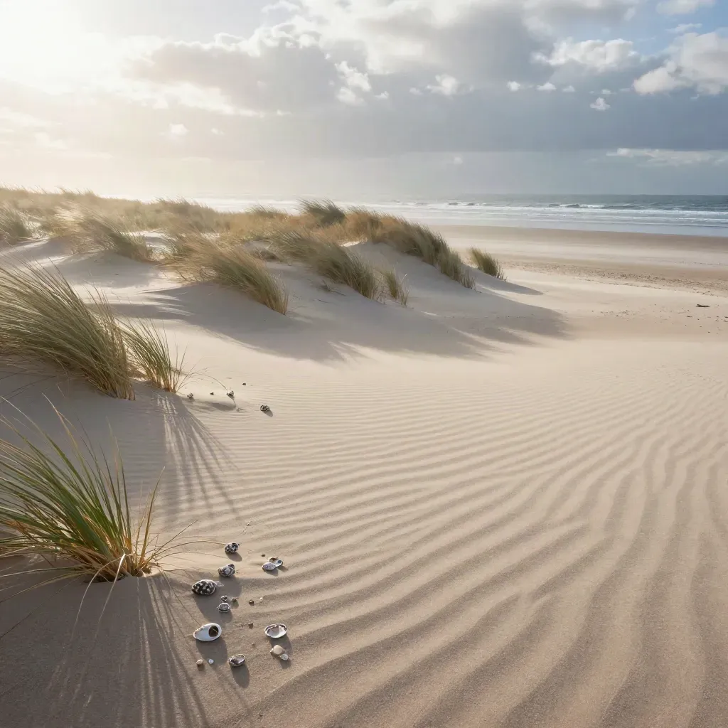 Dune crest with beach grass above a calm tidal flat at sunrise