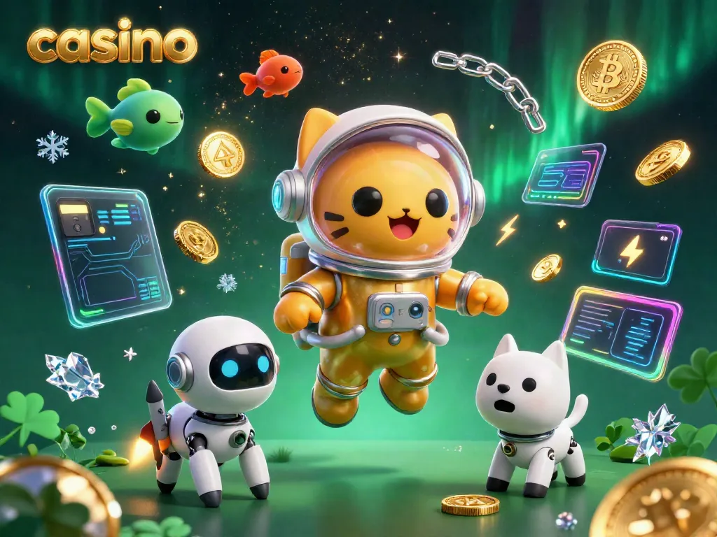 Engage in the thrilling world of a casino with a 3D cat astronaut and robot dog surrounded by cosmic elements.