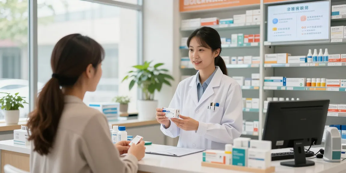 Pharmacist assisting a customer in a modern medicine store with various medicine supplies on display.