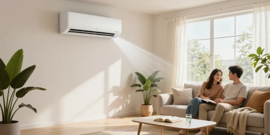 Cozy living space with a mini split 12000 BTU AC unit, showcasing a relaxed couple and inviting decor.
