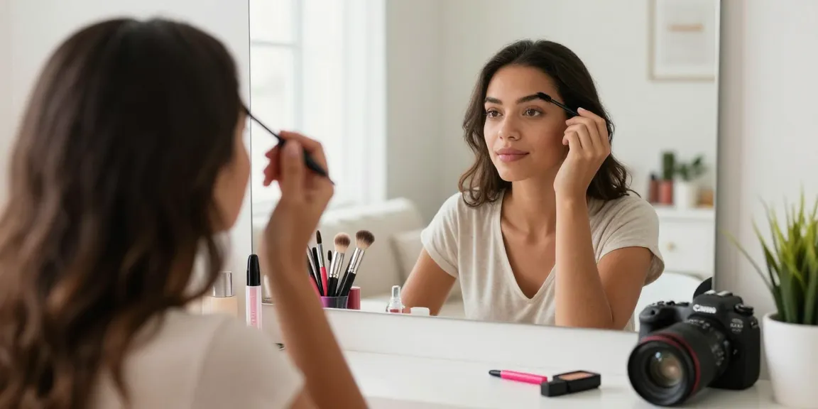 Applying skone cosmetics brow wand in a bright vanity setting with organized makeup tools and natural light.