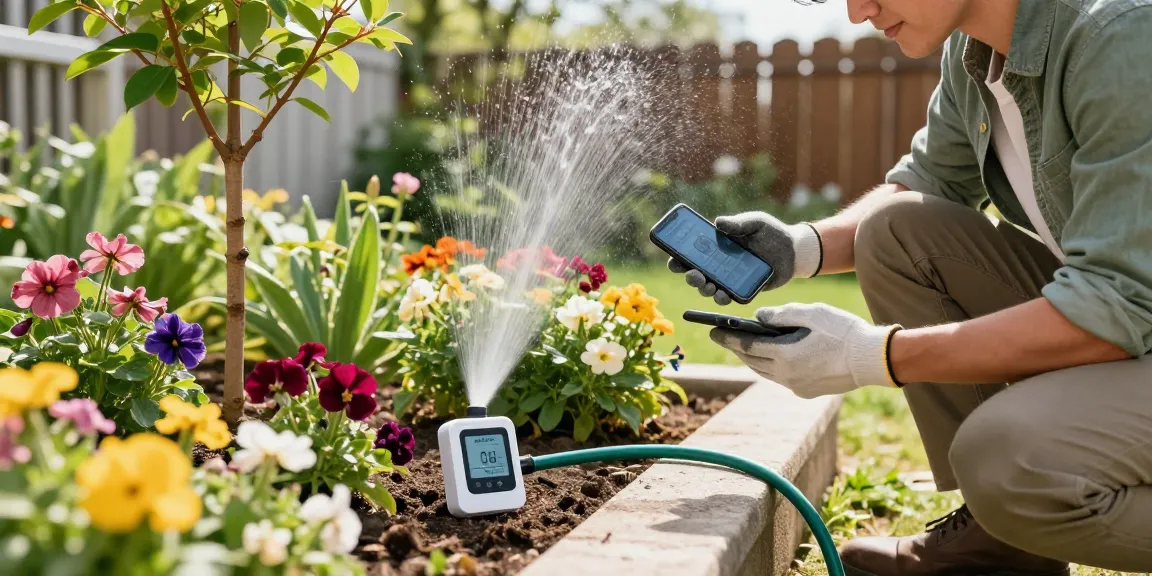 Homeowner using a wifi sprinkler controller to care for plants in a vibrant garden full of flowers and trees.