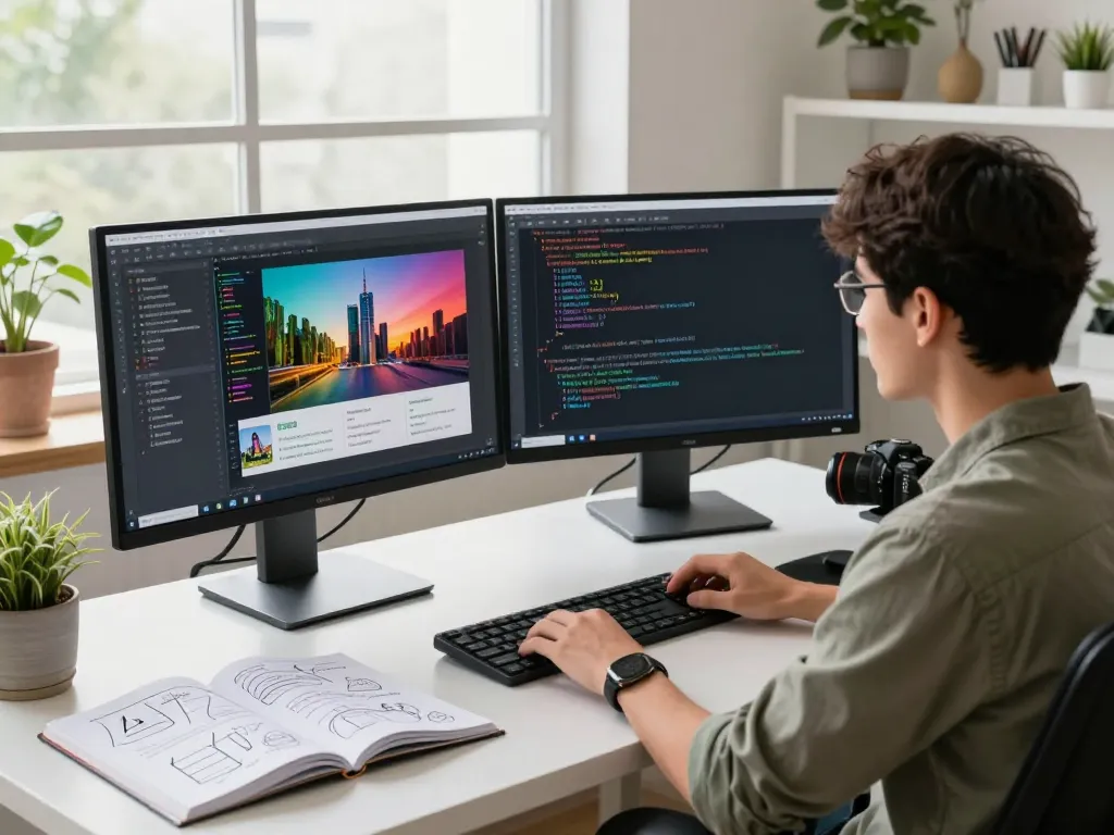 AI developer generating image to prompt ai in a bright workspace