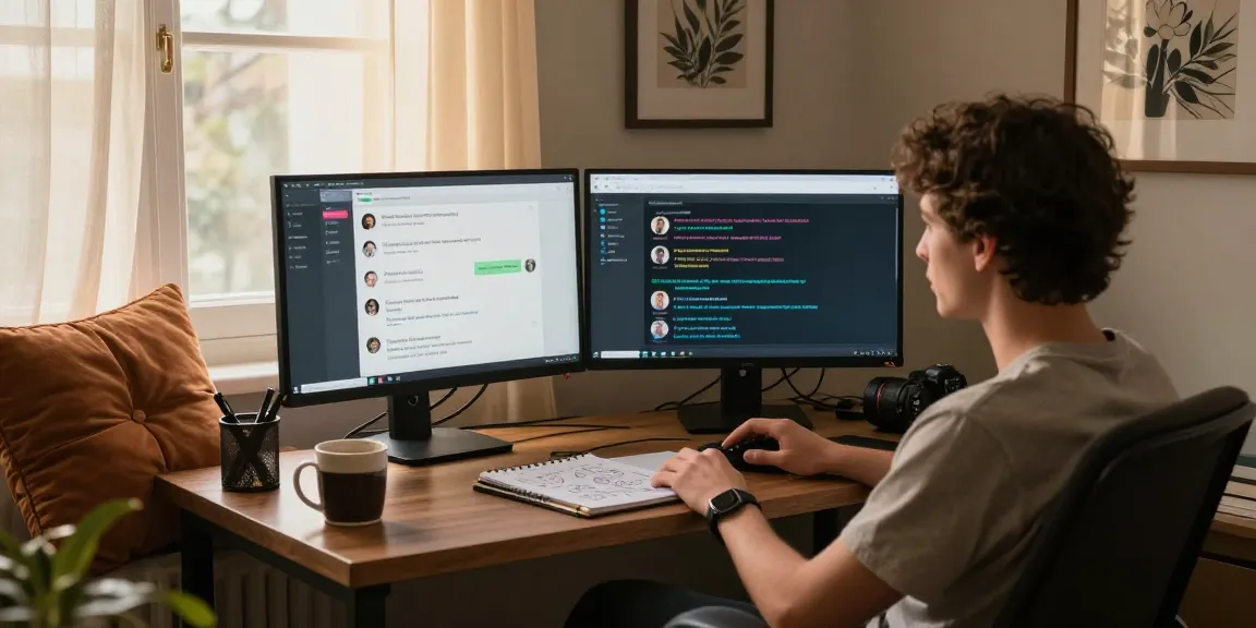 Engaging conversation about porn chat AI in a cozy home office with dual monitors and soft lighting.