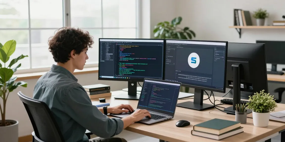 teiegramin.com modern tech workspace with developer coding at dual monitors