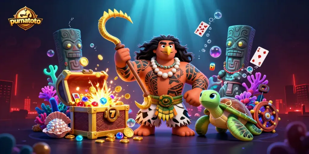 Purnatoto menghadirkan ilustrasi kasino 3D yang kaya dengan elemen slot dan permainan, menunjukkan kekayaan dan keseruan.