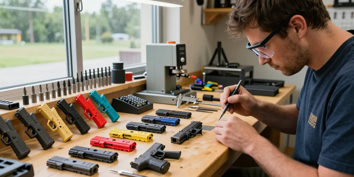 Gunsmith at https://precisionglockslides.com customizing a Glock slide with precision tools in a professional workshop environment.