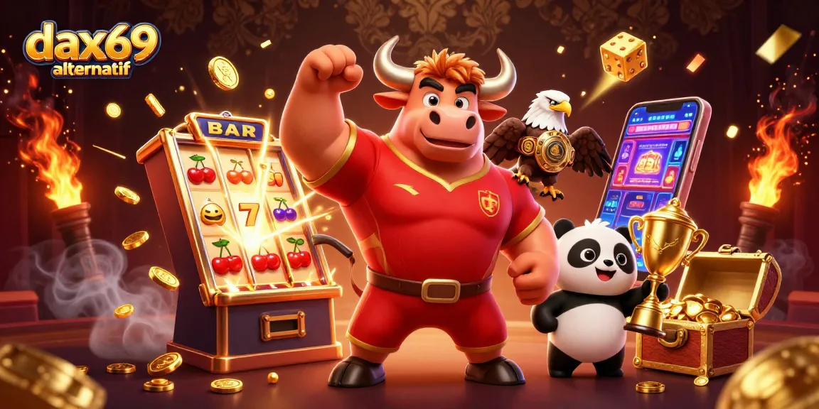 Gambarkan dax69 alternatif dengan banteng 3D dan mesin slot jackpot berkilau.