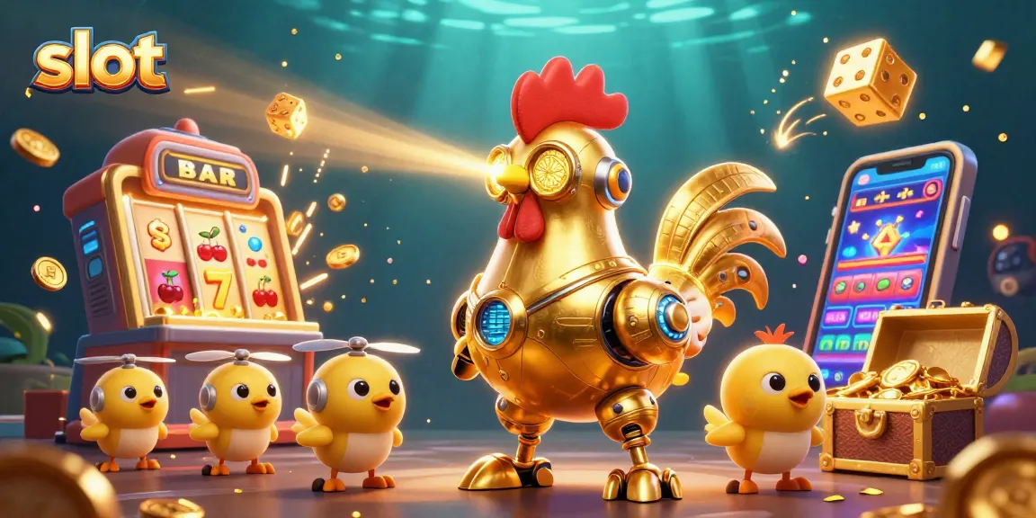 Exciting slot machine explosion with golden rooster robot and baby chicks enhancing the casino experience