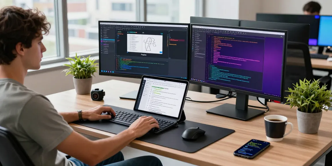 A dynamic tech workspace illustrating openclaw skills, featuring a developer coding on multiple monitors with design interfaces, tech gadgets, and a modern office backdrop.