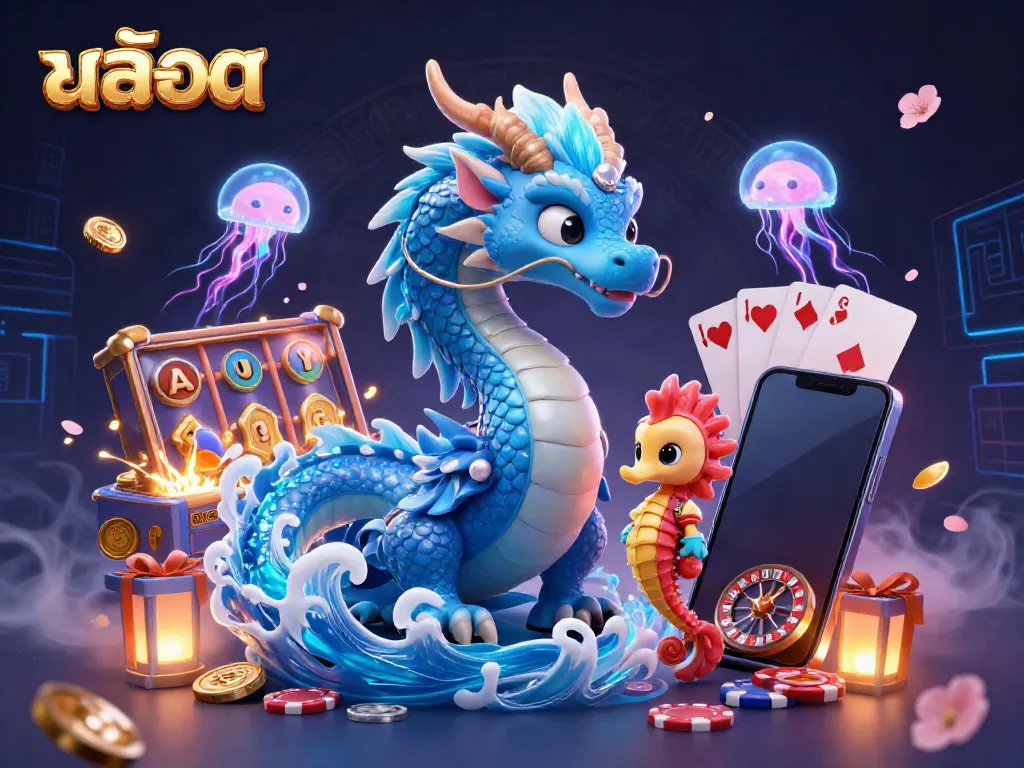 Experience colorful สล็อต gameplay with a mystical water dragon and coral knight.