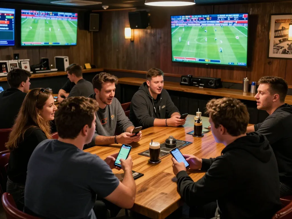 Xoilac sports betting scene with fans engaged in live match discussions and smartphone betting.