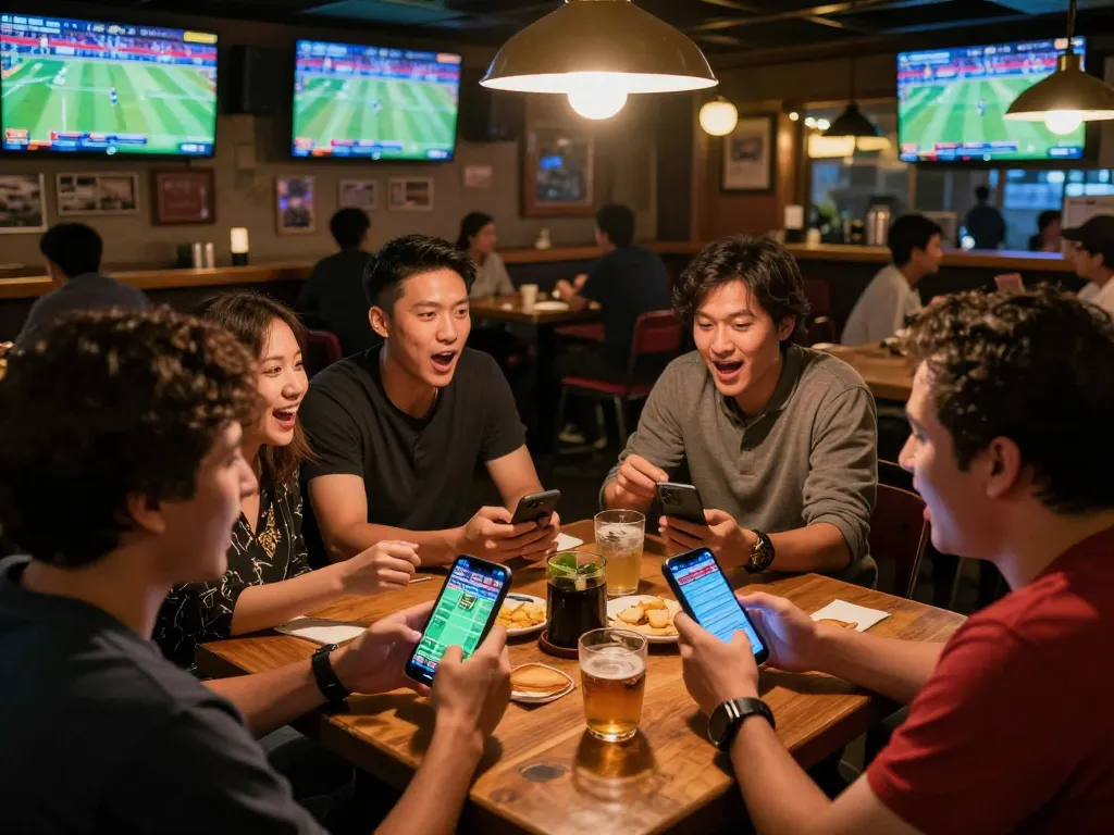 Bong88 users actively placing bets on mobile devices in a sports bar, experiencing the thrill of live sports betting.