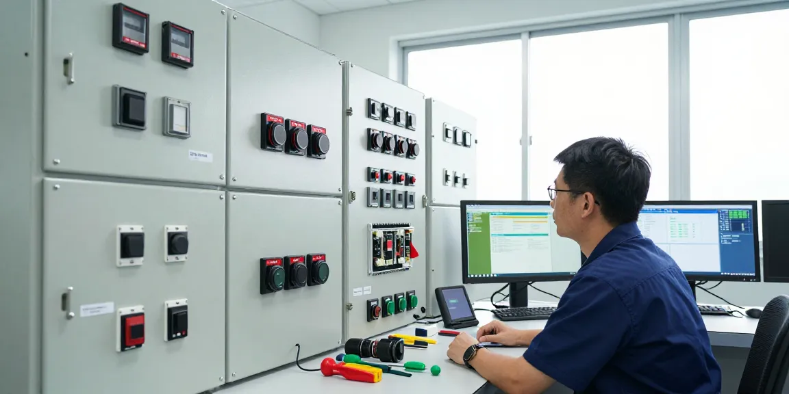 Technician inspecting advanced panel switch technology in a control room.