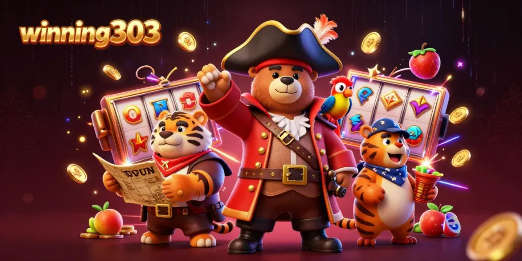 Experience thrilling wins at winning303 with a colorful casino scene featuring 3D cartoon characters and bright slot elements.
