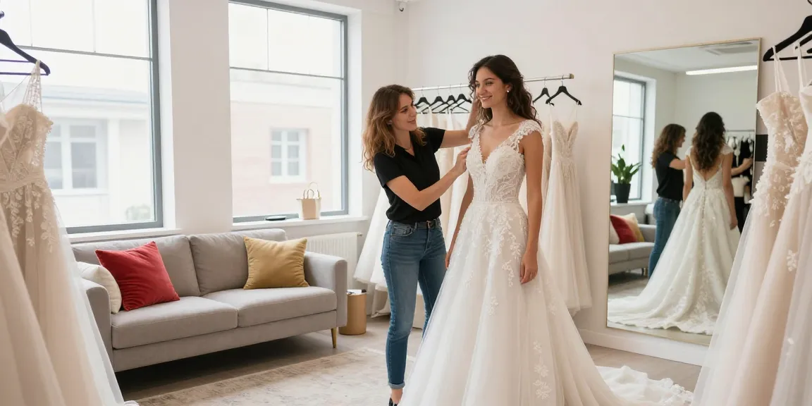 Consulenza di bridal styling per una sposa con abiti eleganti in studio luminoso.
