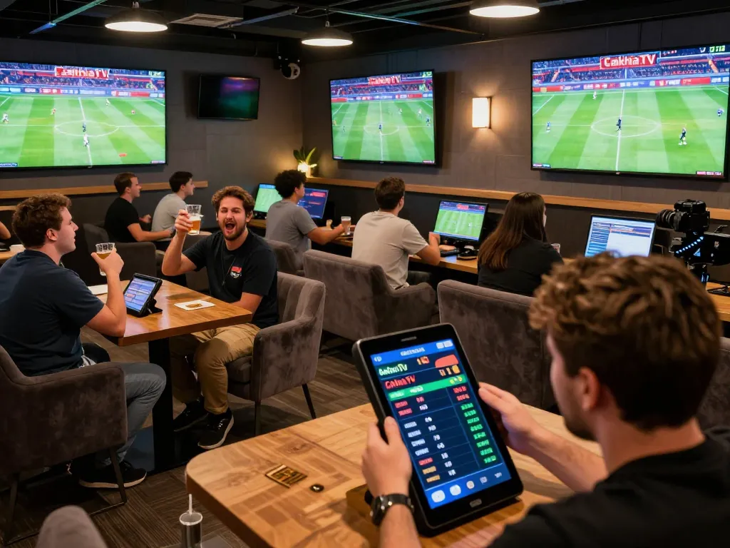 Cakhia betting action scene with fans cheering in a sports lounge during live match.