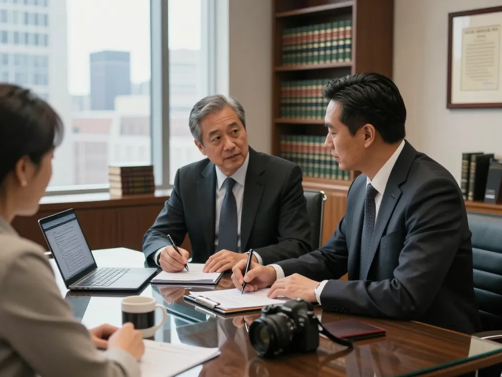 New York City Personal Injury Lawyer consulting with a client in a modern office.
