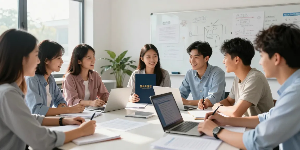 一群学生在明亮现代的教室里合作办理他们的国外大学毕业证。