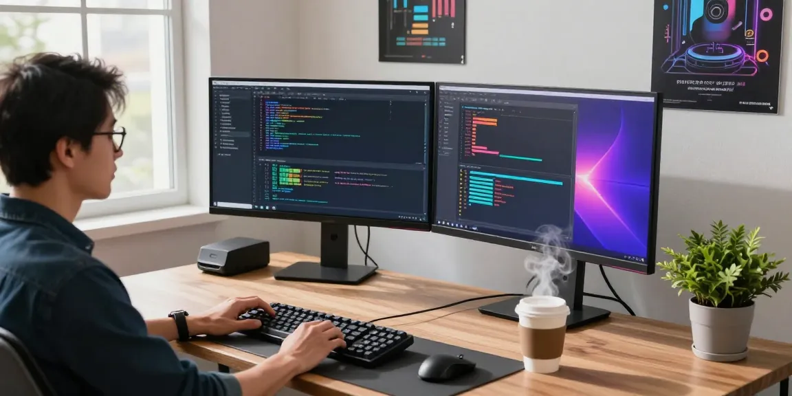 Efficient workspace showcasing 截图软件 development with multiple screens and creative elements.