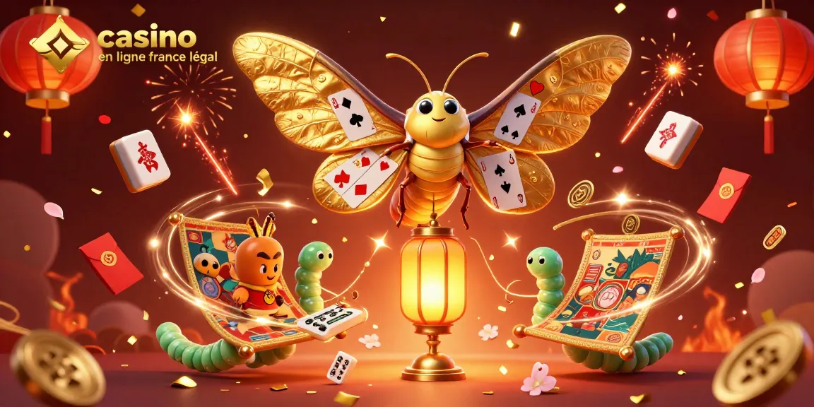 Illustration 3D captivante de casino en ligne france légal avec un papillon géant, des lanternes dorées et des éléments de jeu.