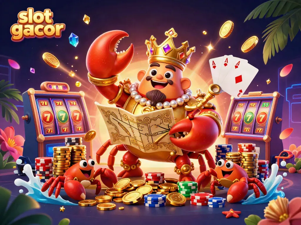 Gim slot gacor menampilkan kepiting emas raksasa dengan scepter dan peta harta, dikelilingi koin emas dan kartu bermain.