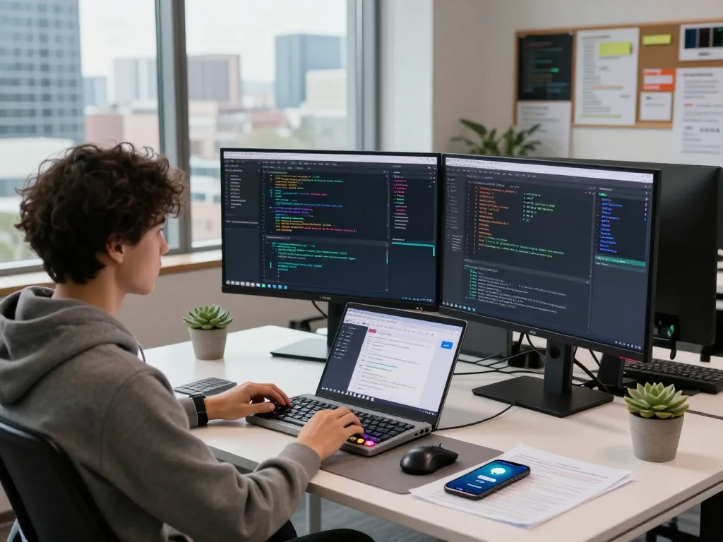 Software developer optimizing moltbot in modern tech workspace, showcasing dual monitors and vibrant city view.