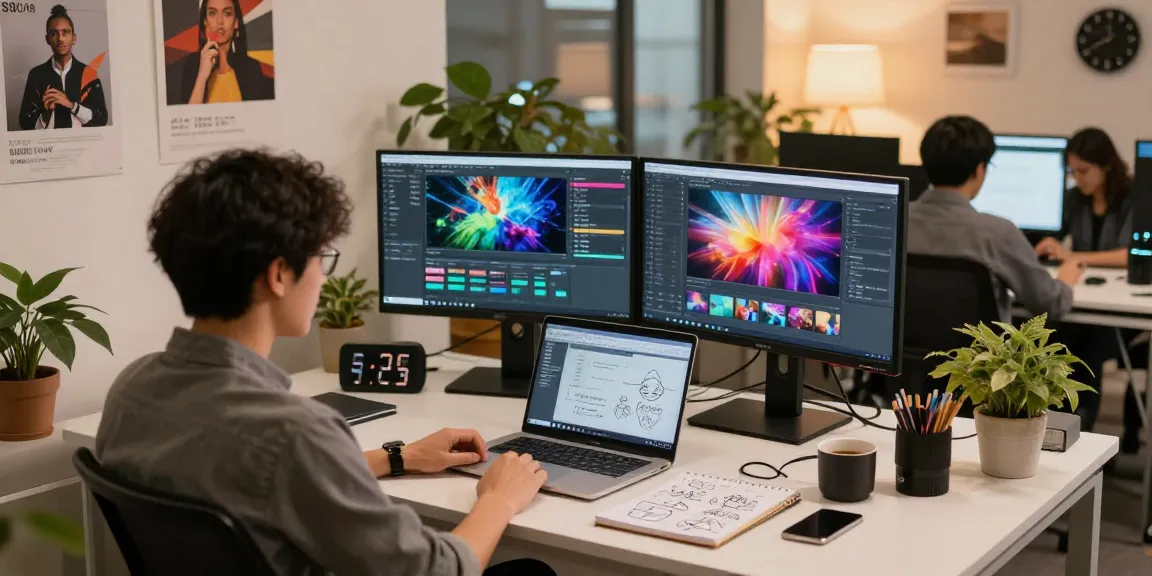 Creative workspace featuring laptop, AI video prompt details, and collaborative environment.