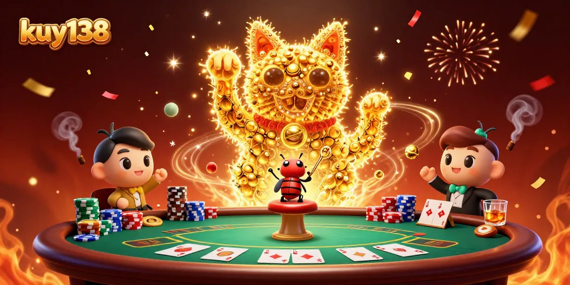 Menangkan permainan dengan kuy138 dalam ilustrasi kasino yang penuh warna dan simbol keberuntungan.