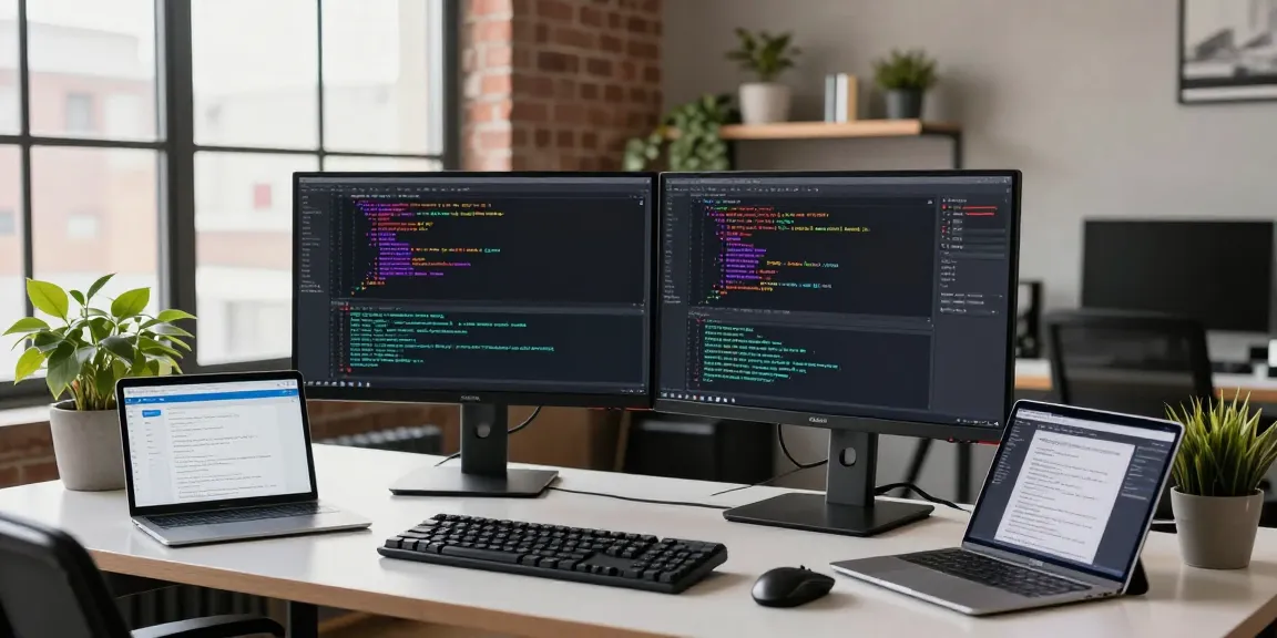 Developer working on telegramin-cn.com in a modern workspace with dual monitors and ambient plants.
