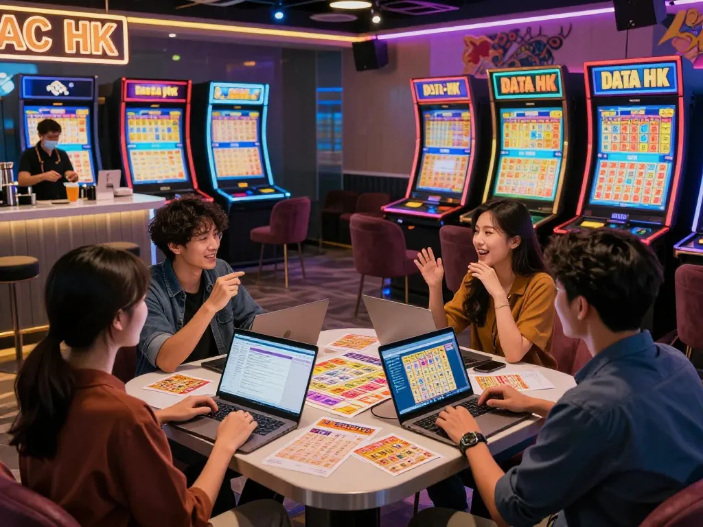 Group analyzing Data HK results in a modern lottery lounge, showcasing vibrant atmosphere and social engagement.