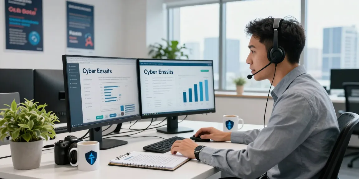 Discussing cyber essentials cost with client in a modern office, showcasing compliance dashboards and professional workspace.