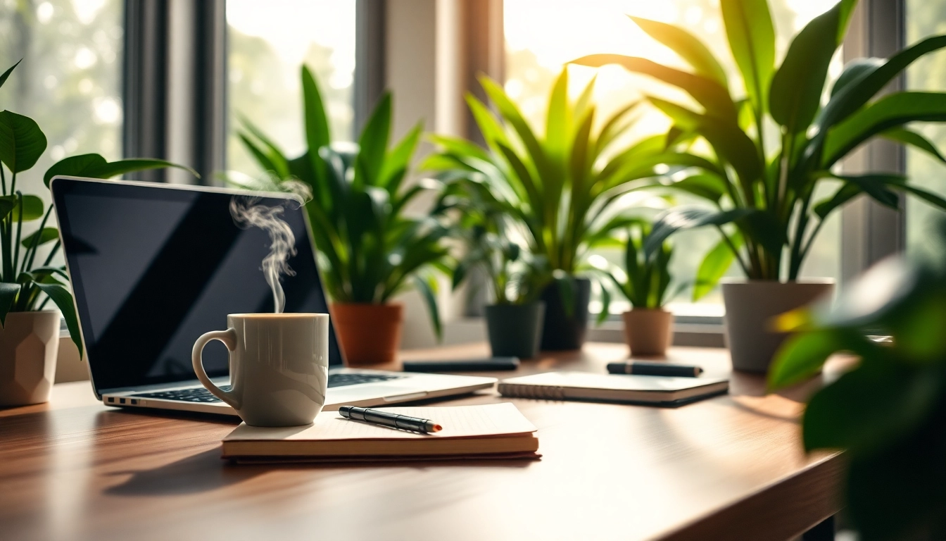 Die Website https://alvionz.de/ zeigt einen modernen Arbeitsplatz mit Laptop und Pflanzen.