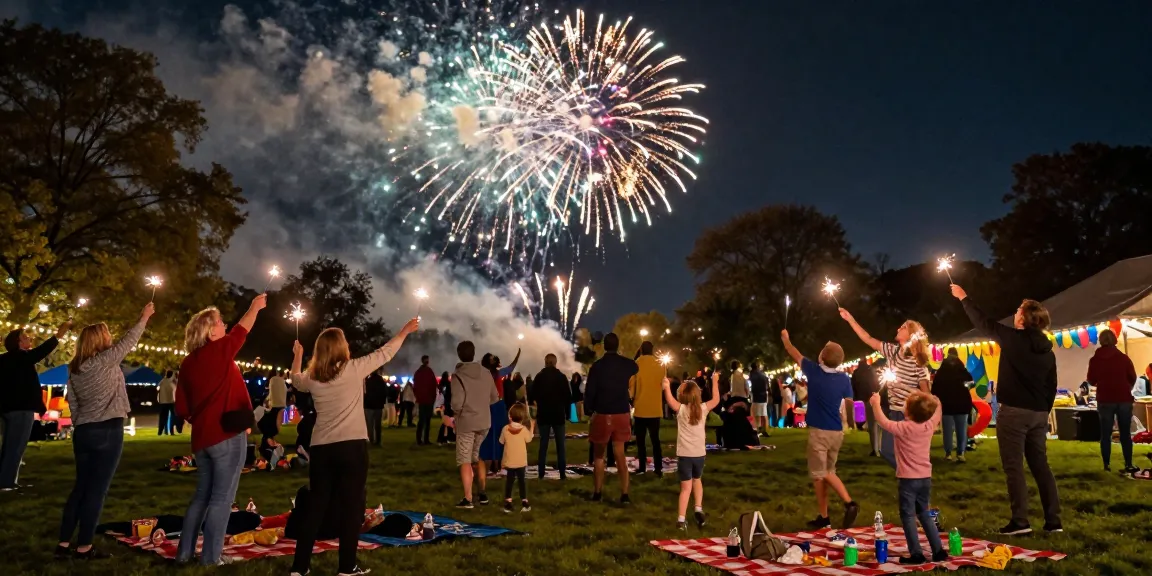 Exciting fireworks display during celebrations in the UK, with families enjoying sparklers and colorful night sky.