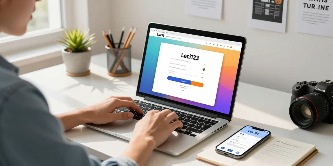 Proses login Leci123 dengan pengguna muda di meja kerja modern, laptop terbuka menunjukkan antarmuka.